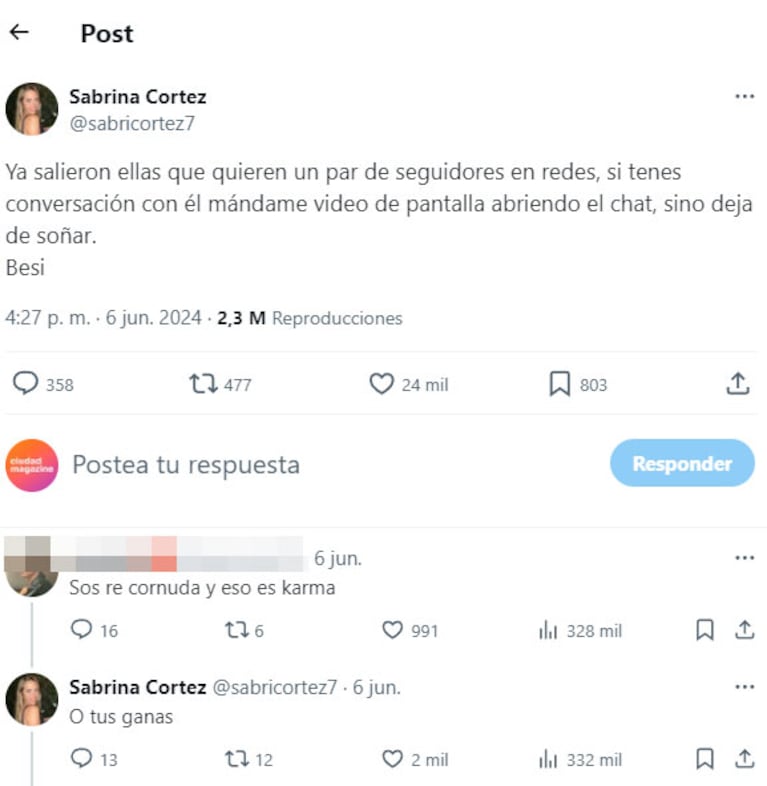 El explosivo posteo de Sabrina Cortez de Gran Hermano, en medio de versiones de infidelidad de Alan Simone