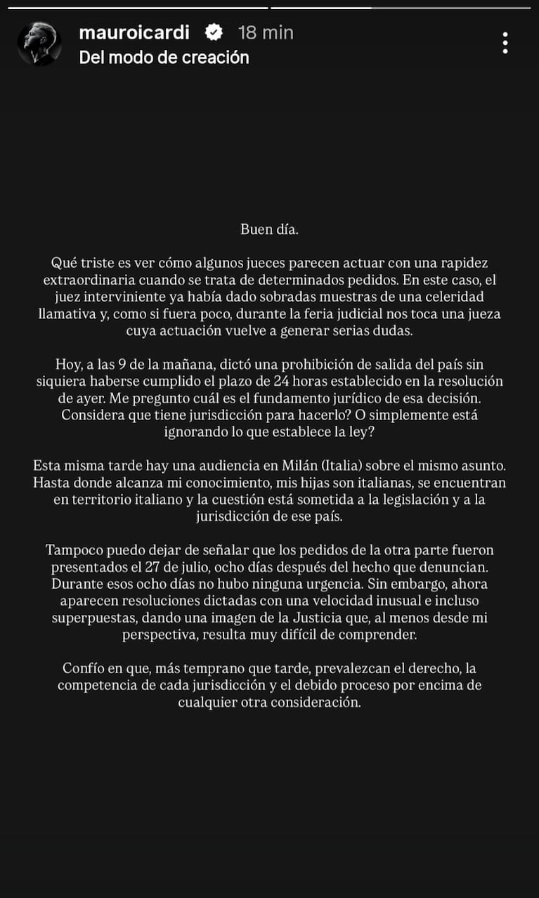 El extenso descargo de Mauro Icardi después de la Justicia italiana le prohibiera salir el país (Foto: Instagram/@mauroicardi).