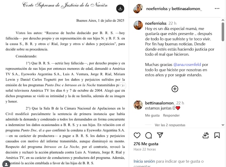 El fallo a favor de Beatriz Salomón (Foto: captura de Instagram de las hijas de la actriz).