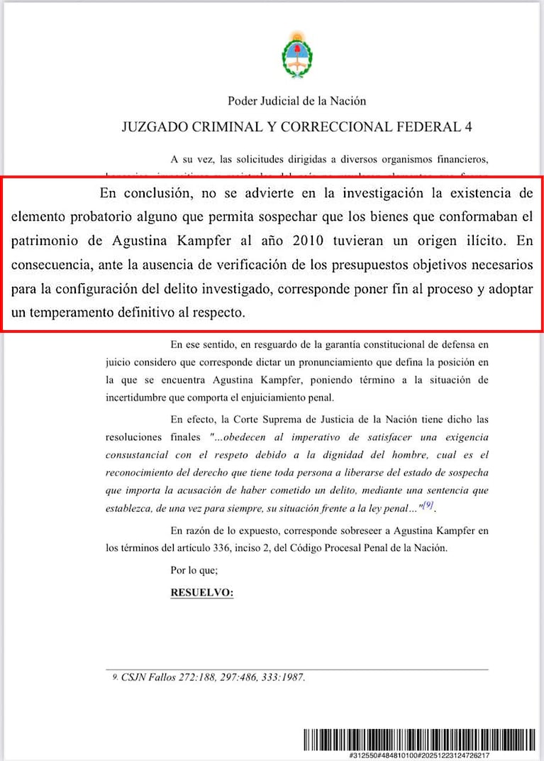 El fallo que benefició a Agustina Kämpfer.