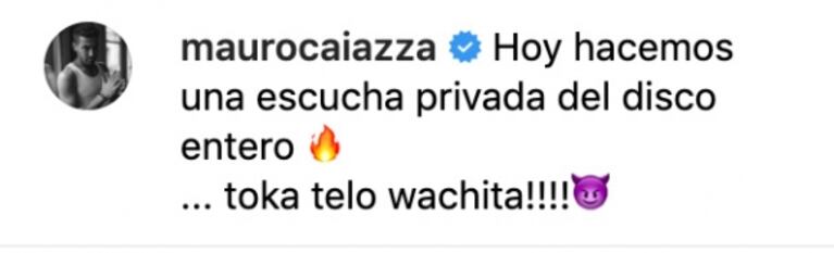 El festejo de Jimena Baron por el éxito de sus últimas tres canciones, con pícara respuesta de Mauro Caiazza