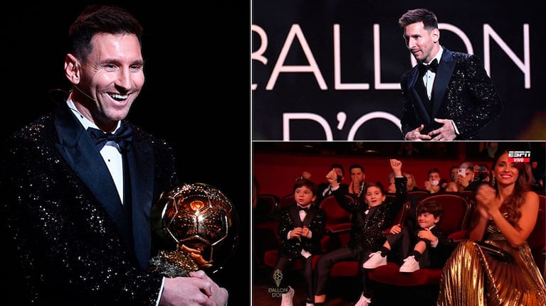 El festejo de los hijos de Lionel Messi y Antonela Rocuzzo cuando se quedó con el Balón de Oro 2021. (Foto: AFP y TV)