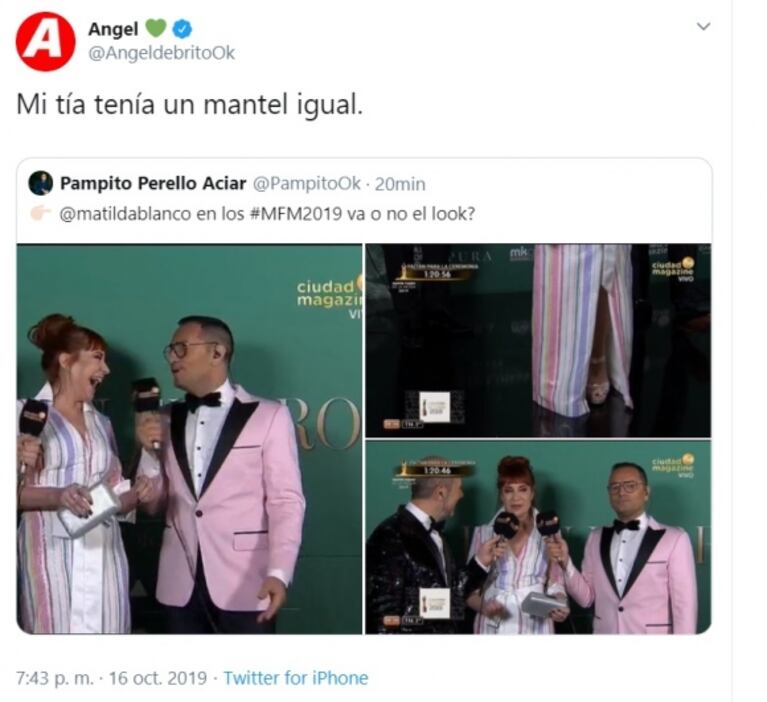 El filoso comentario de De Brito al ver el outfit de Matilda Blanco en los Martín Fierro de la Moda 2019: "Mi tía tenía un mantel igual"