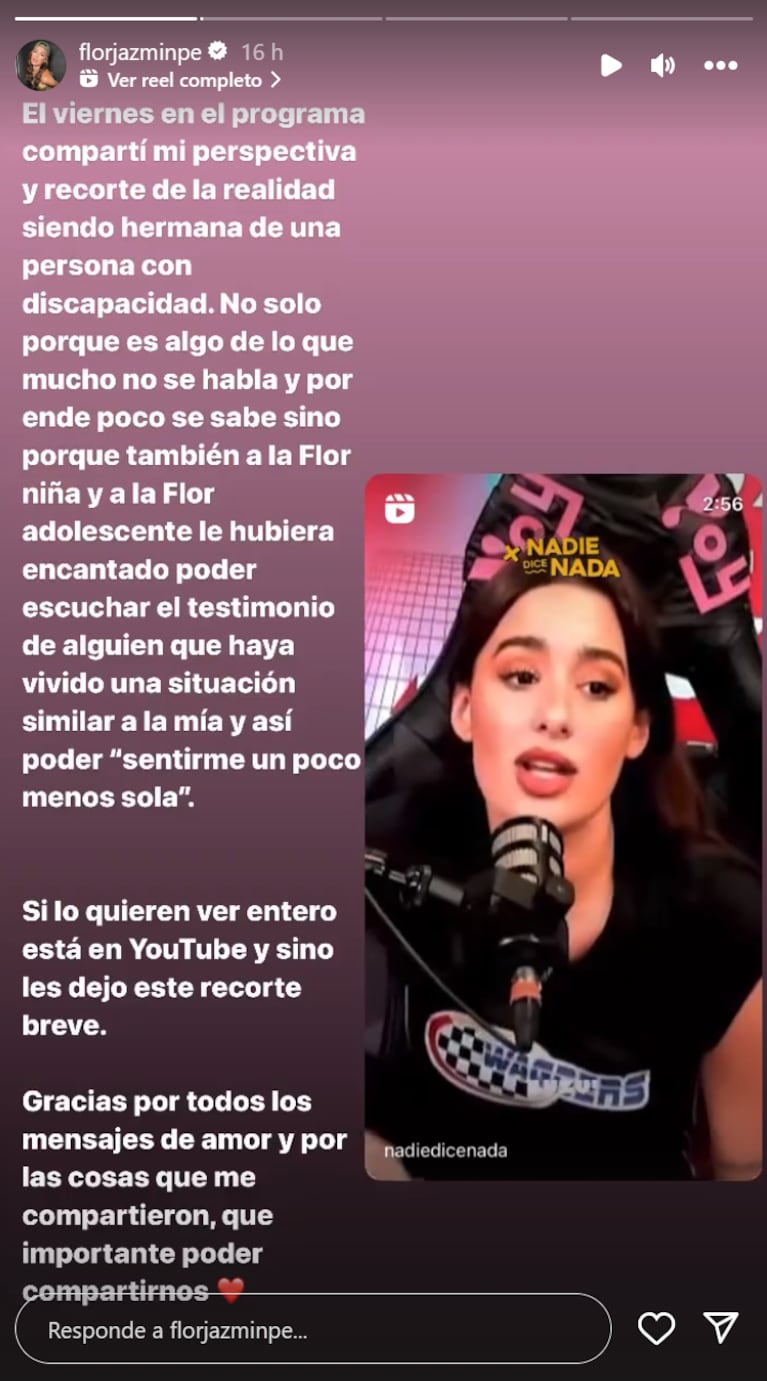 El firme descargo de Flor Jazmín Peña tras hablar de la discapacidad de su hermana: “Compartirse es amor”