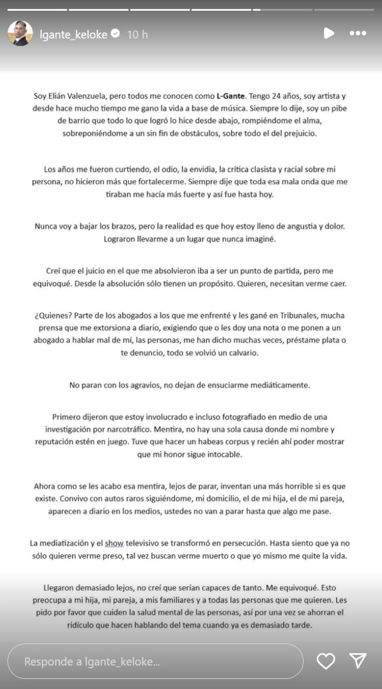 El fuerte comunicado de L-Gante por el odio que recibe: “Buscan verme muerto o que me quite la vida”