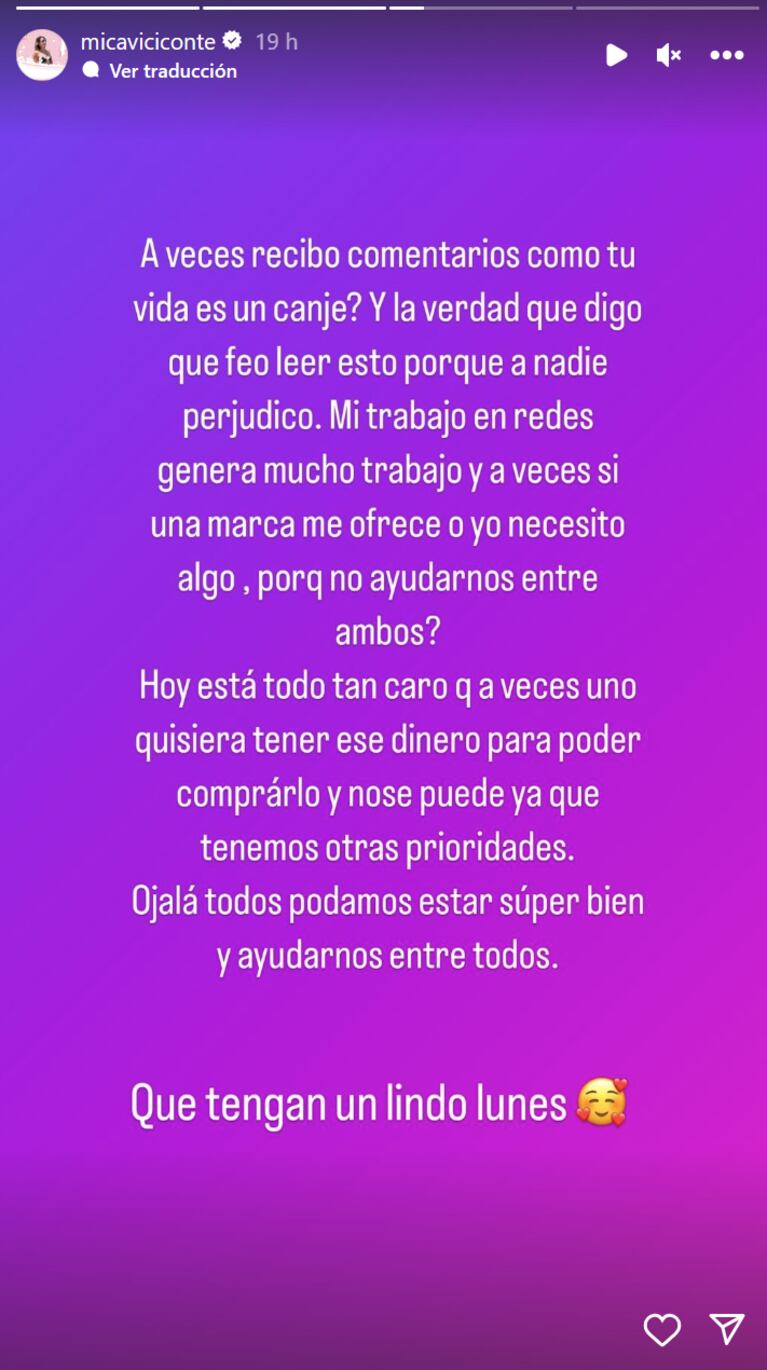 El fuerte descargo de Mica Viciconte tras ser criticada por “vivir de canjes”: “Hoy está todo tan caro...”