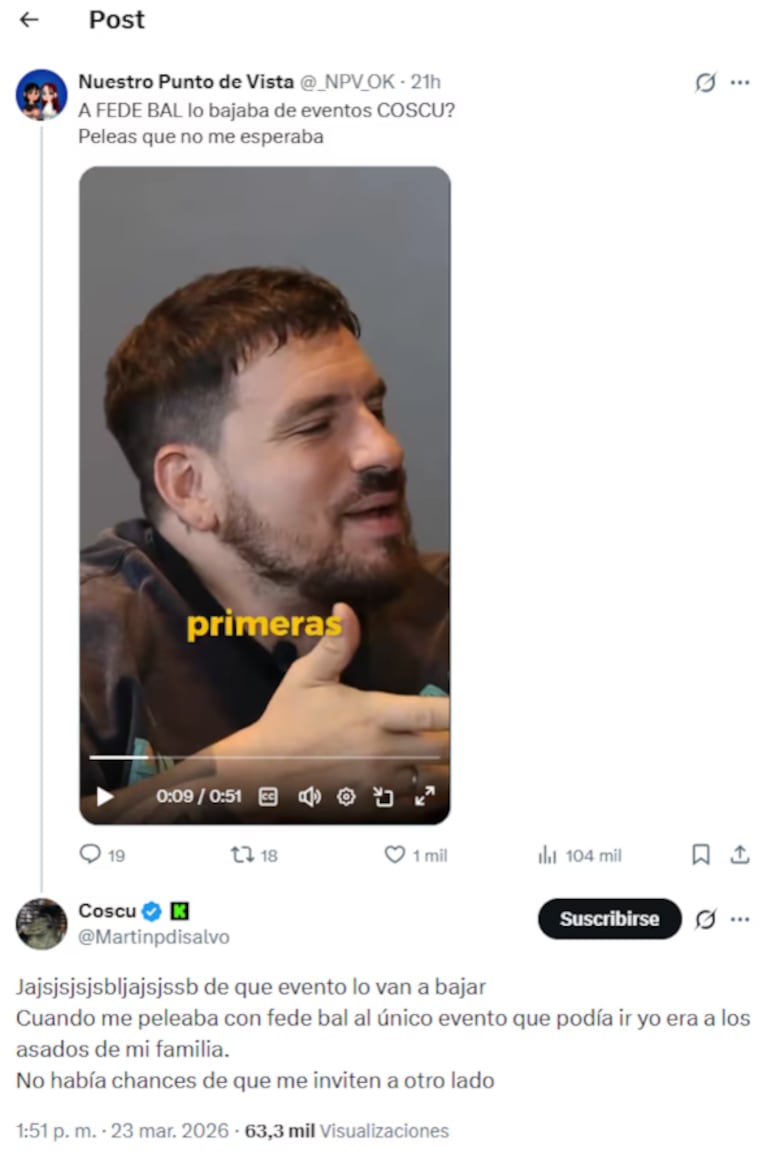 El fuerte e inesperado cruce entre Fede Bal y Coscu: “Sos un inútil” | Créditos: Captura X