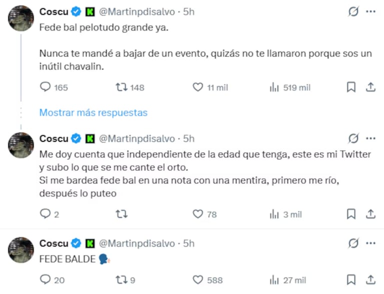 El fuerte e inesperado cruce entre Fede Bal y Coscu: “Sos un inútil” | Créditos: Captura X