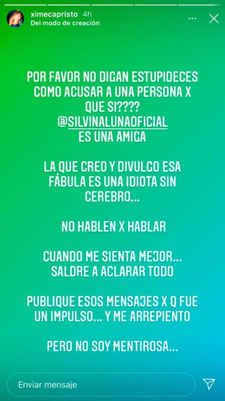 El fuerte mea culpa de Ximena Capristo tras publicar los escandalosos chats de Gustavo Conti: "Fue un impulso y me arrepiento"