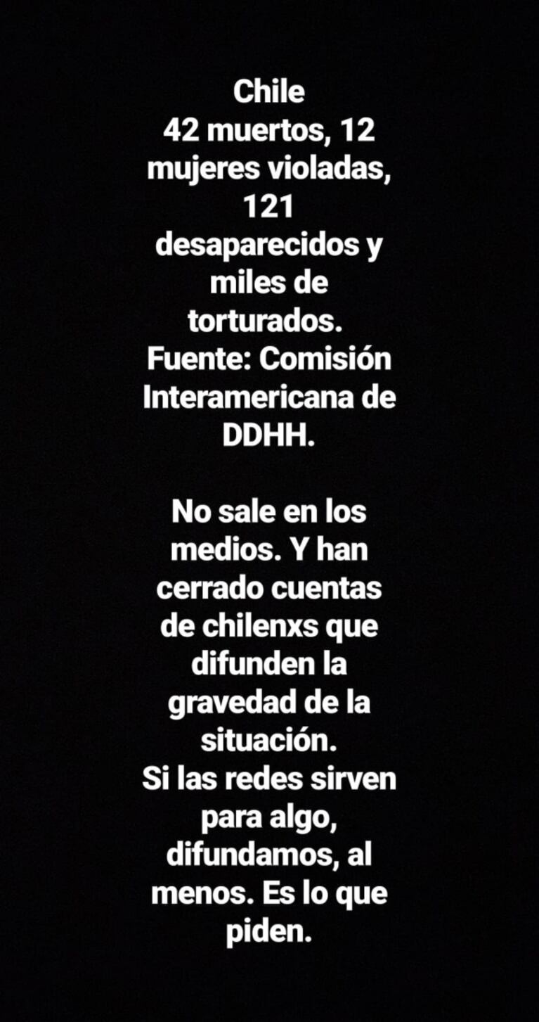 El fuerte mensaje de apoyo de China Suárez a los manifestantes chilenos: "Cuenten conmigo y con mis redes"