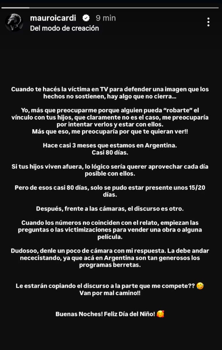 El fuerte posteo de Mauro Icardi que hizo enfurecer a Benjamín Vicuña (captura de Instagram)
