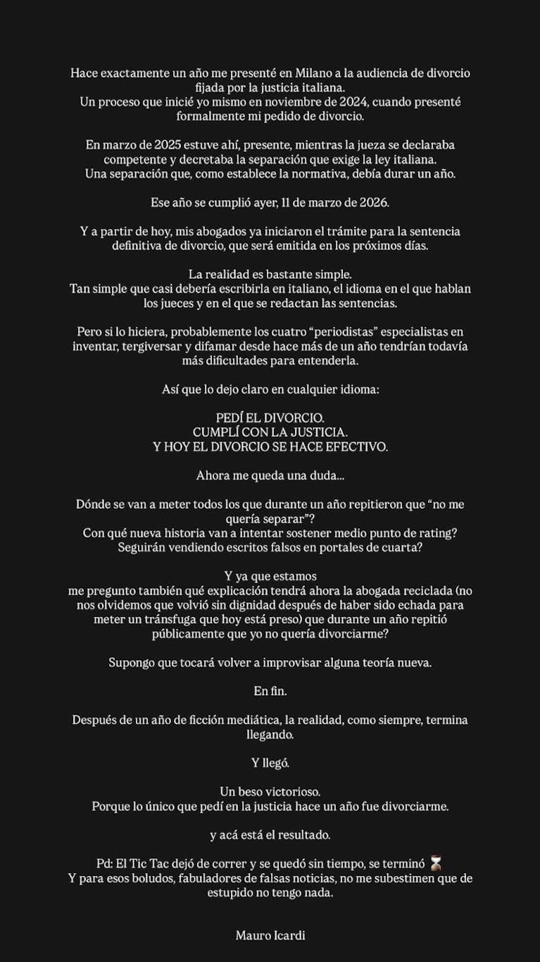 El fuerte posteo de Mauro Icardi tras el divorcio. Foto: Instagram