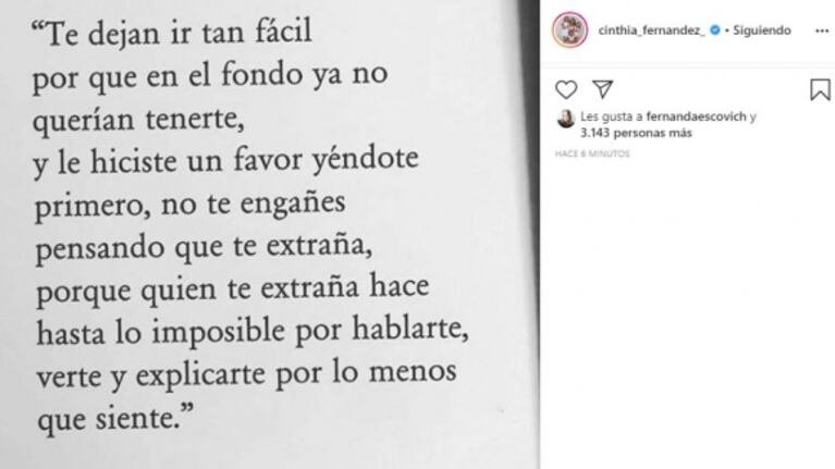 El fuerte posteo en Instagram de Cinthia Fernández ¿sobre Martín Baclini?... ¡que luego eliminó!