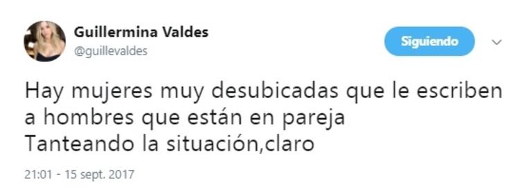 El fuerte tweet de Guillermina Valdés... ¿dedicado a alguien que quiso acercarse a Tinelli?: "Hay mujeres muy desubicadas que le escriben a hombres que están en pareja"