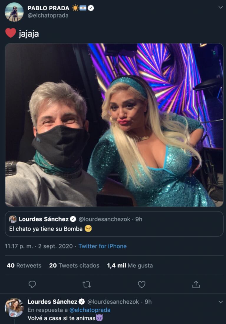 El fuerte tweet de Lourdes Sánchez, luego de que La Bomba Tucumana confesara que le gusta el Chato Prada: "Volvé a casa si te animás"