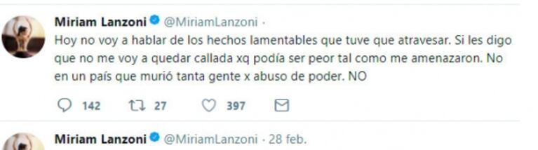 El fuerte tweet de Miriam Lanzoni tras el escándalo policial en Carlos Paz: "No me voy a quedar callada"