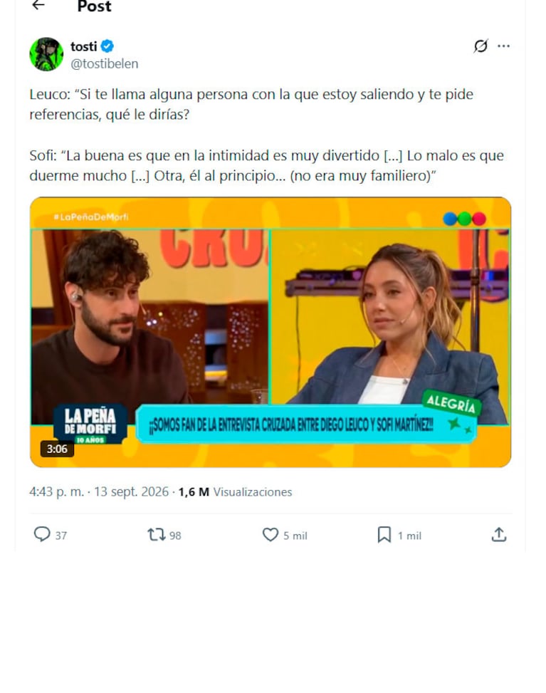El furcio de Sofi Martínez en vivo con Diego Leuco que ilusionó a sus fans (captura de X y Telefe)