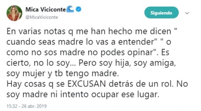 El furioso descargo de Mica Viciconte en Twitter: "No soy madre ni intento ocupar ese lugar"