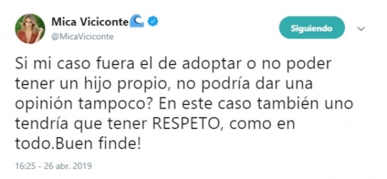 El furioso descargo de Mica Viciconte en Twitter: "No soy madre ni intento ocupar ese lugar"