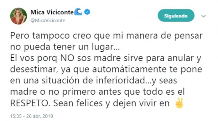 El furioso descargo de Mica Viciconte en Twitter: "No soy madre ni intento ocupar ese lugar"