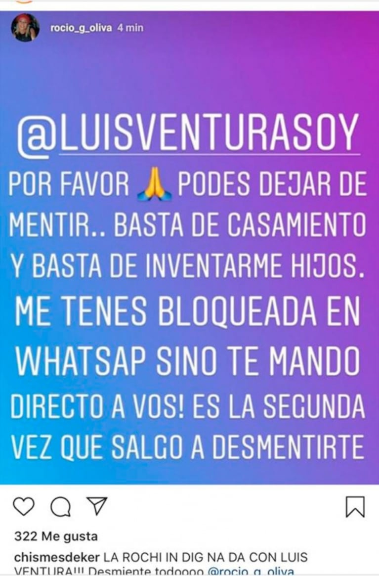 El furioso mensaje de Rocío Oliva a Luis Ventura por una versión bomba sobre ella y Maradona: "Basta de..."