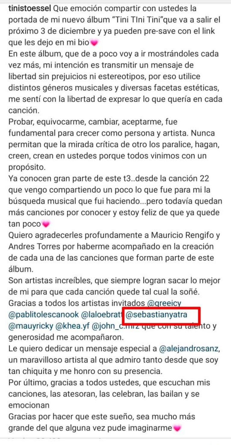 El gesto buena onda entre Tini Stoessel y Sebastián Yatra, tras la separación: un agradecimiento y un like