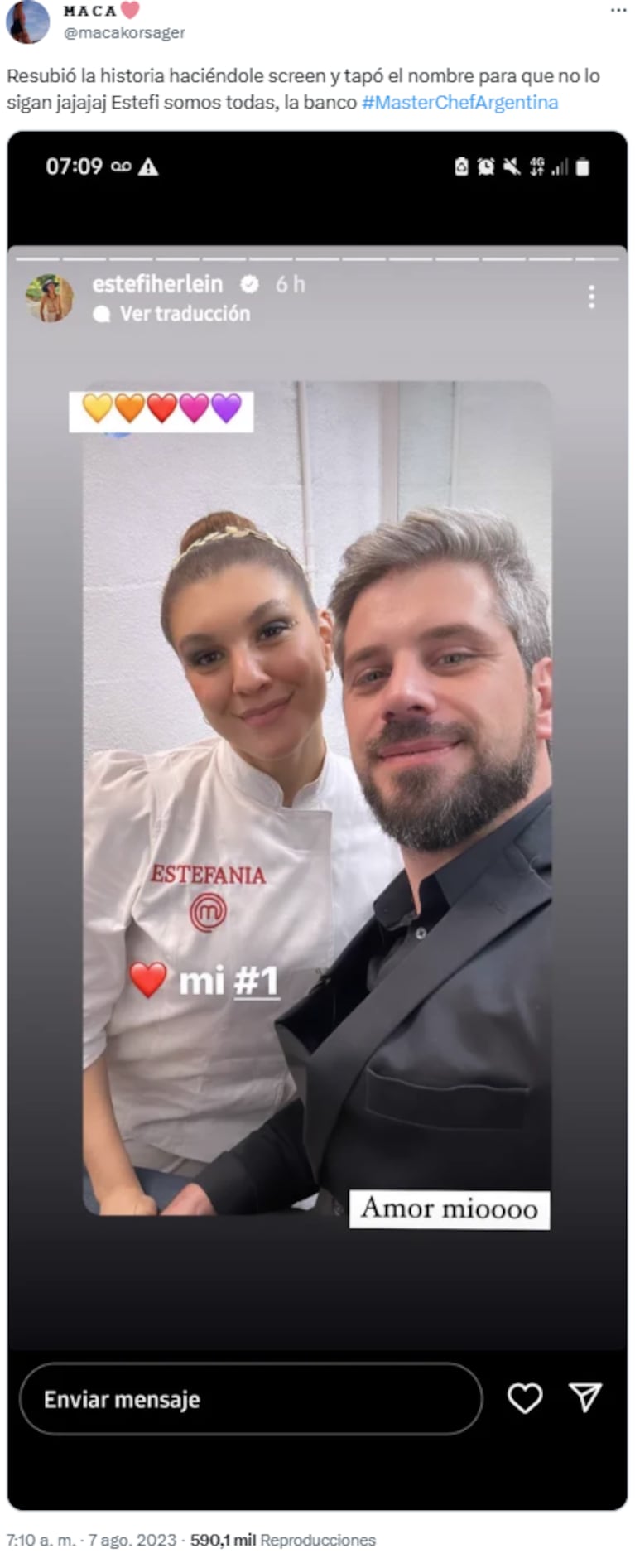 El gesto de Estefanía Herlein, subcampeona de MasterChef, con su novio en las redes: "Le tapó el nombre"