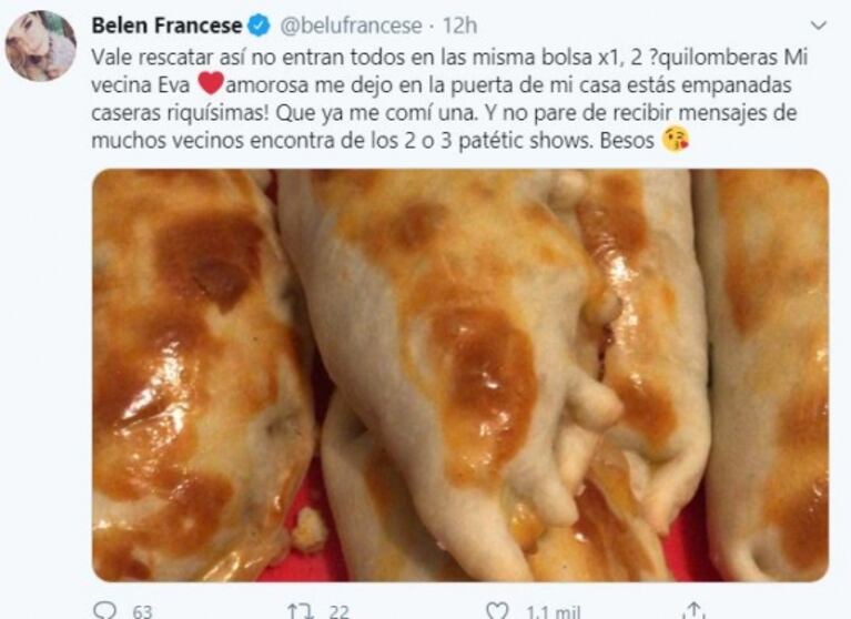 El gesto de una vecina con Belén Francese tras contagiarse Covid: "Me dejó en la puerta de mi casa empanadas"