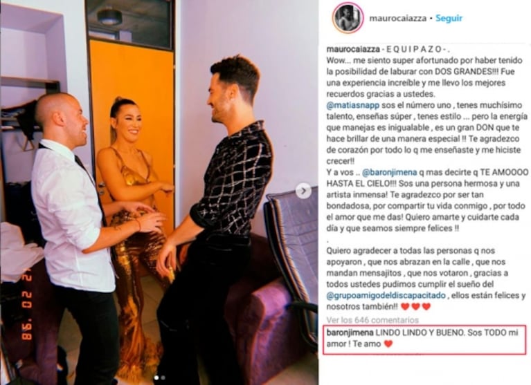 El gran mensaje de amor de Mauro Caiazza a Jimena Barón tras la final del Bailando: "Quiero amarte y cuidarte cada día"