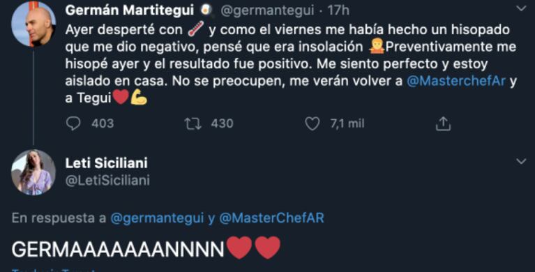 El guiño de Leticia Siciliani a Germán Martitegui al saber que tiene covid, tras su fuerte cruce en Masterchef