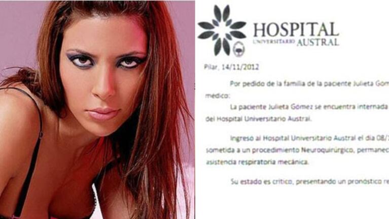 El Hospital Austral envió el primer parte médico sobre la salud de Julieta Gómez.