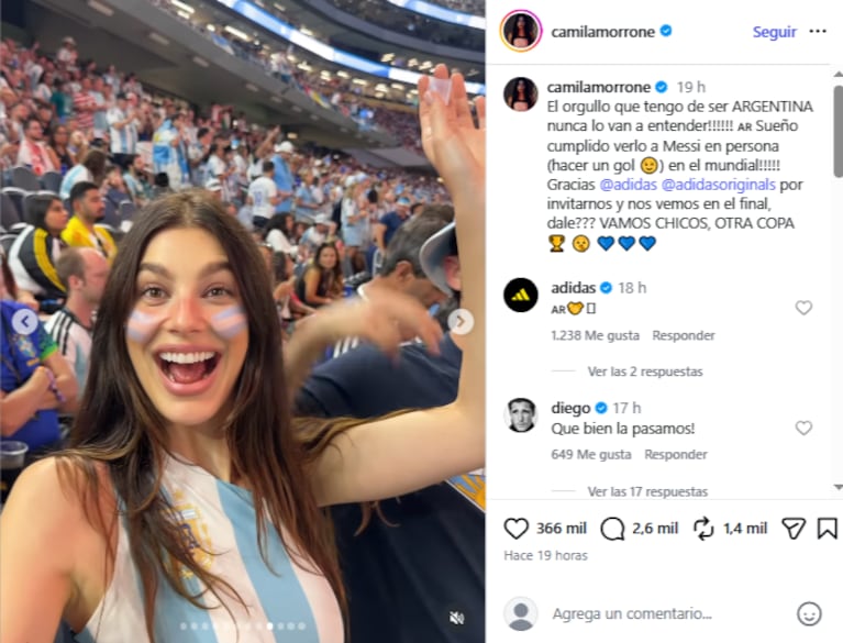 El hype de Camila Morrone por la Selección:  "Nos vemos en la final, dale??? VAMOS CHICOS, OTRA COPA".  Crédito Instagram camilamorrone
