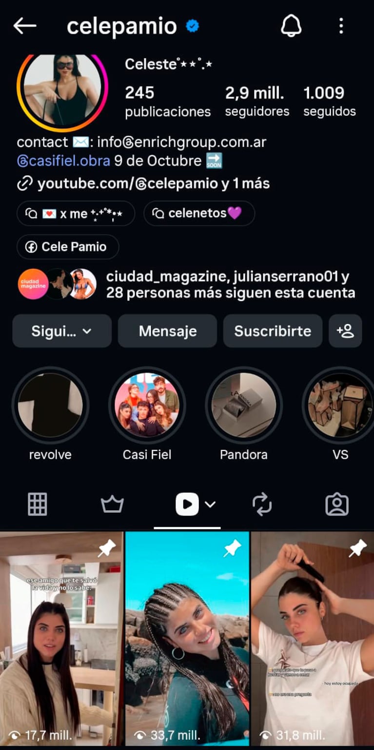 El IG de Celeste Pamio.