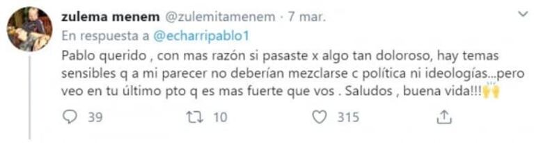 El impensado cruce twittero entre Pablo Echarri y Zulemita Menem: "¿Me parece a mí o hay algo que está mal?"