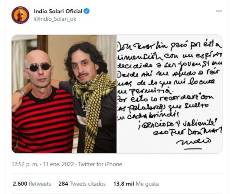 El Indio Solari despidió a Martín Carrizo, el hermano de Caramelito, con un conmovedor mensaje