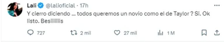 El inesperado piropo de Lali Espósito al novio de Taylor Swift: “Todas queremos uno así”