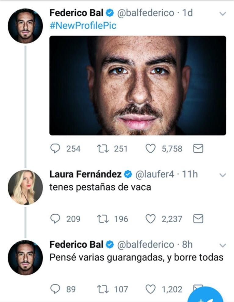 El insólito comentario de Laurita Fernández sobre la nueva foto de perfil de Fede Bal en Twitter: "Tenés pestañas de vaca"