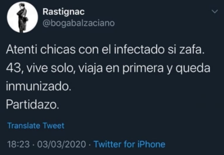 El insólito tweet que se viralizó en WhatsApp tras la confirmación del primer afectado de coronavirus en Argentina: "Atenti, chicas"