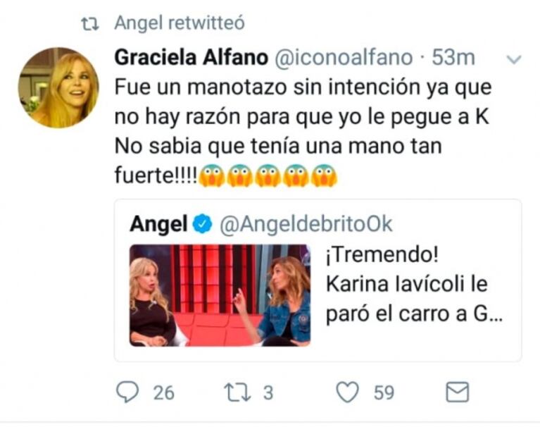 El irónico mensaje de Graciala Alfano luego de darle un golpe en el brazo a Karina Iavícoli en plena nota