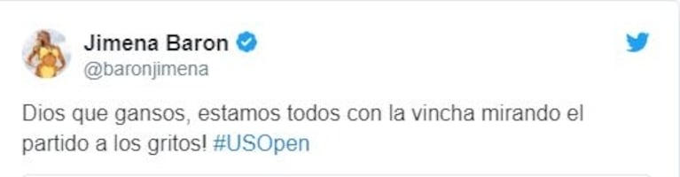 El irónico tweet de Jimena Barón, antes del comienzo de la final de Juan Martín del Potro en el US Open
