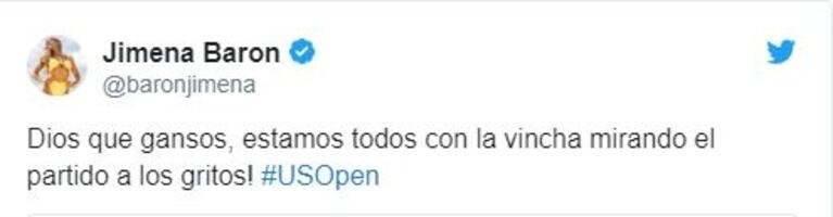 El irónico tweet de Jimena Barón, antes del comienzo de la final de Juan Martín del Potro en el US Open