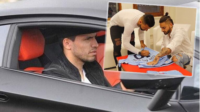 El Kun Agüero volvía en taxi cuando sufrió el accidente. Antes le había firmado una camiseta suya a Maluma. Fotos: Instagram y Web.