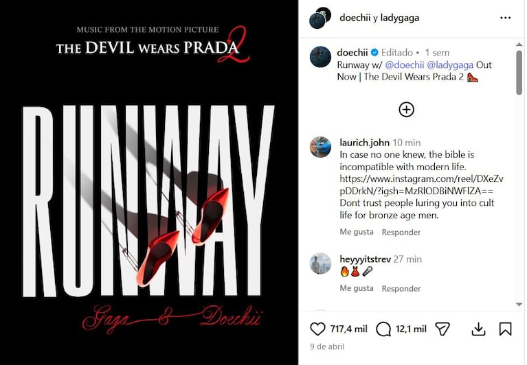 El lanzamiento de “Runway”, el tema original interpretado por Lady Gaga y Doechii, que acompaña el estreno de El Diablo Viste a la Moda 2 (Foto: Instagram/@doechii y @ladygaga).