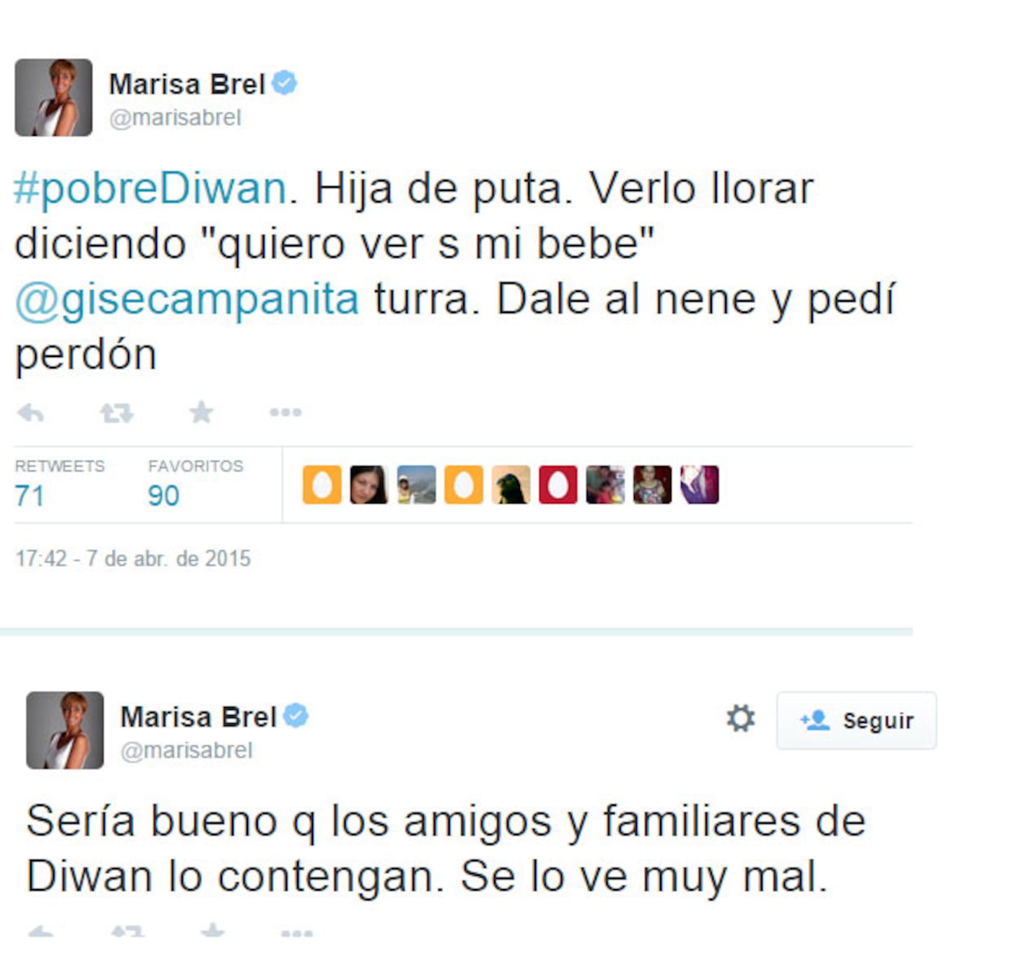 El lapidario tweet de Marisa Brel a Gisela Bernal, tras el escándalo con Diwan: "Dale al nene y pedí perdón" (Foto: Twitter)