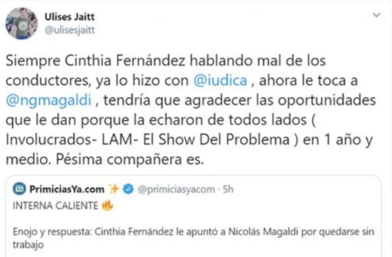 El letal tweet de Ulises Jaitt a Cinthia Fernández, tras haber apuntado fuerte contra Nicolás Magaldi: "Es una pésima compañera"