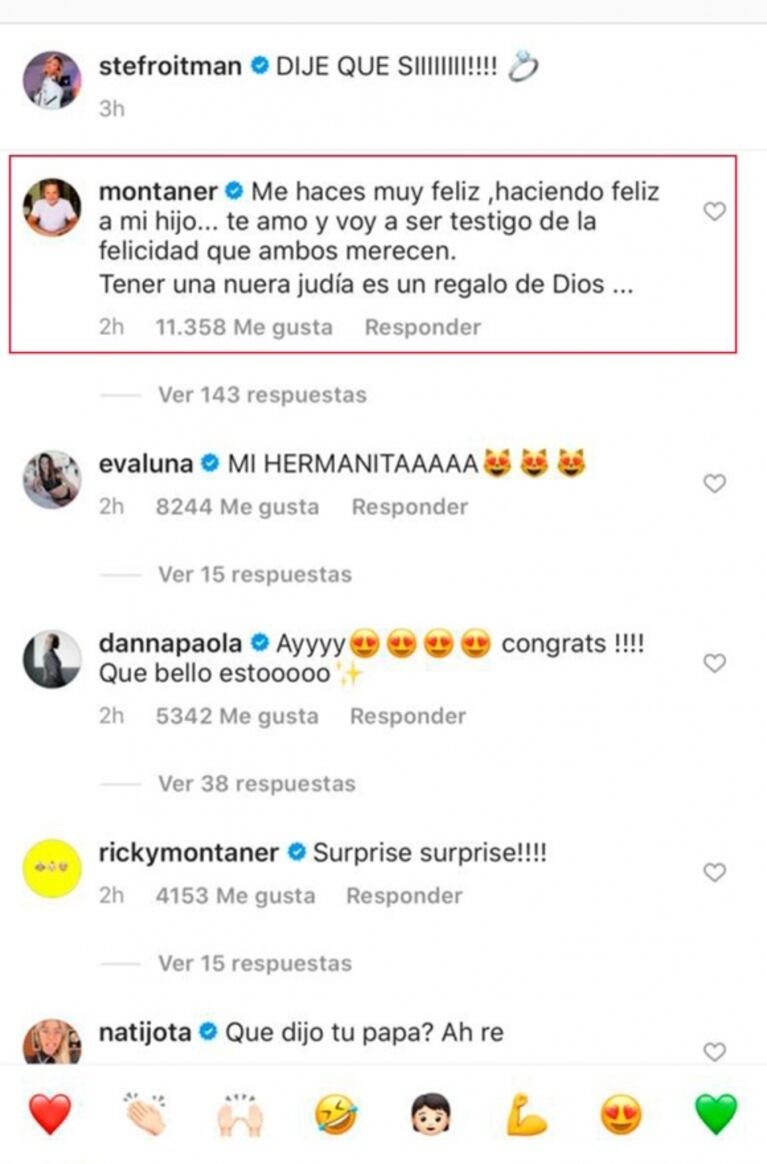 El llamativo mensaje de Montaner a Stefi Roitman, tras anunciar que se casa con su hijo: "Tener una nuera judía es un regalo de Dios"