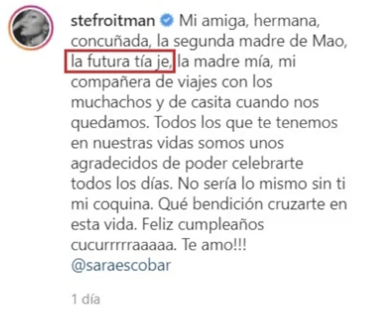 El llamativo mensaje de Stefi Roitman a su cuñada que despertó rumores de embarazo: "La futura tía"