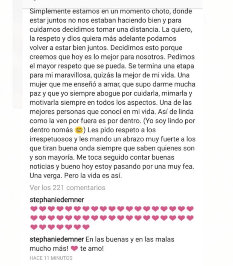 El llamativo mensaje de Stephanie Demner a Grego Rosello tras anunciar su separación: "En las buenas y en las malas, mucho más. ¡Te amo!" 