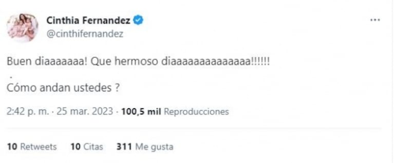 El llamativo tweet de Cinthia Fernández tras la muerte de Tristán que levantó polémica: "¡Qué hermoso día!"