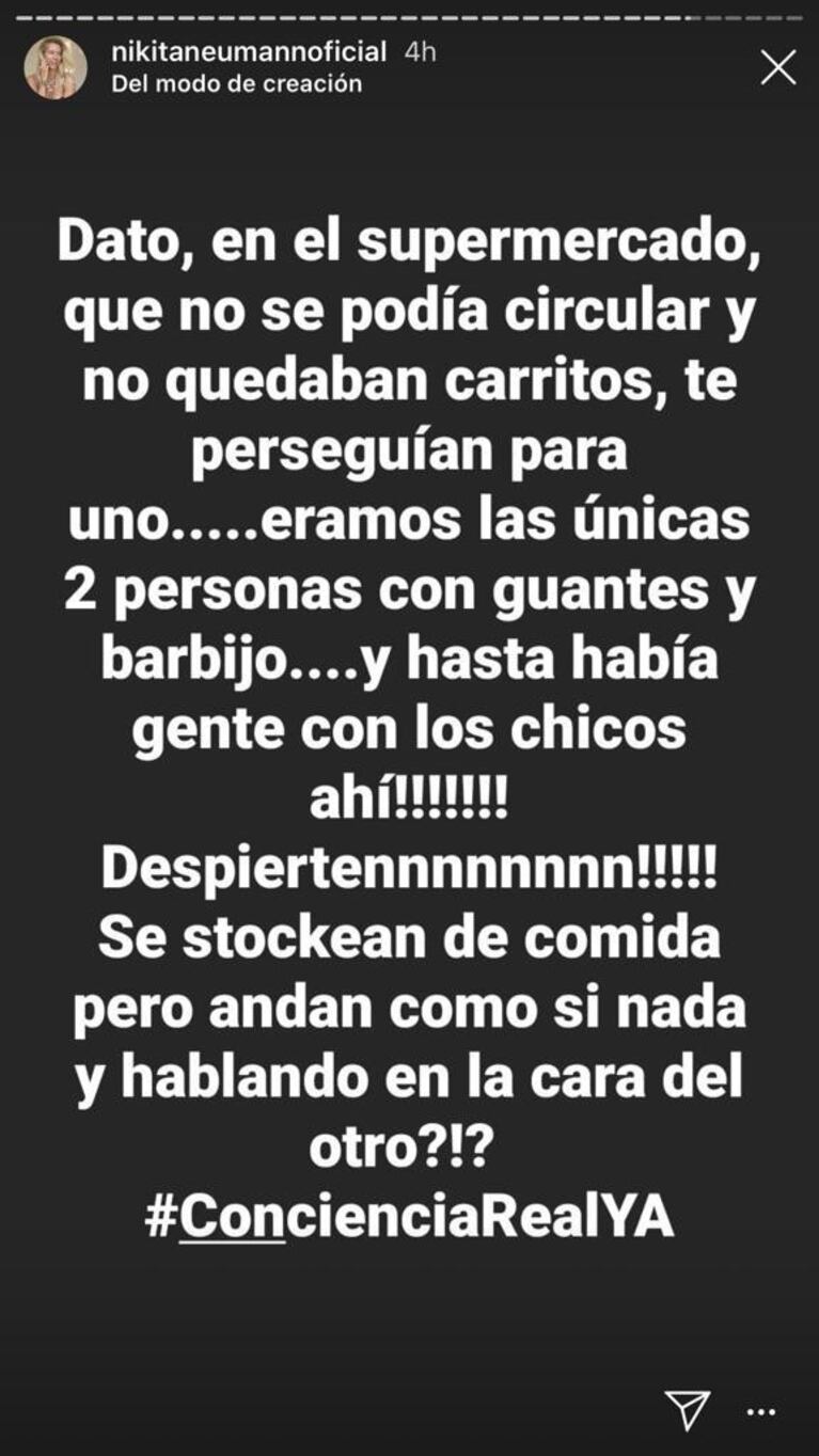 El "look" de Nicole Neumann con barbijo, guantes y gorra para ir a hacer las compras: "¡Despierten!"